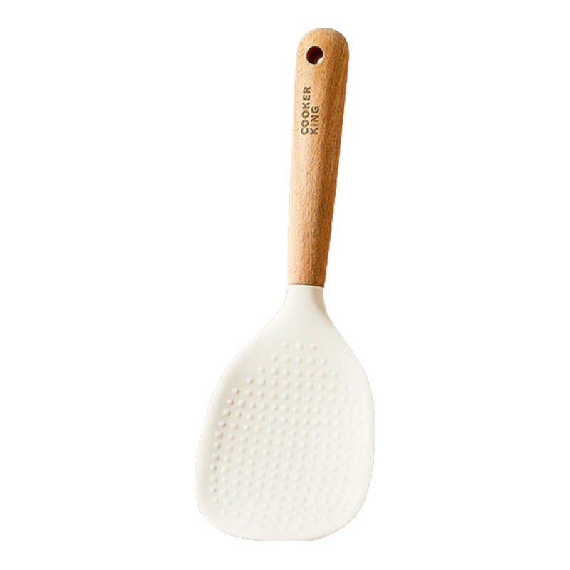 COOKER KING Silicone Rice Spoon with Wooden Handle, Non-Stick Food Grade Rice Scoop, Heat Resistant, White