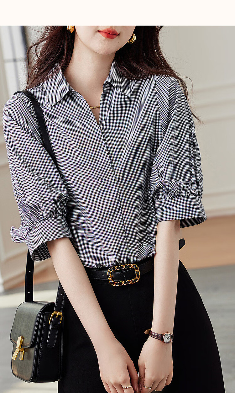 Dme [Furei Lian Ge] Summer V-Neck Shirt with Collar, Vintage Plaid Comfortable Slimming Blouse Women's Top 12