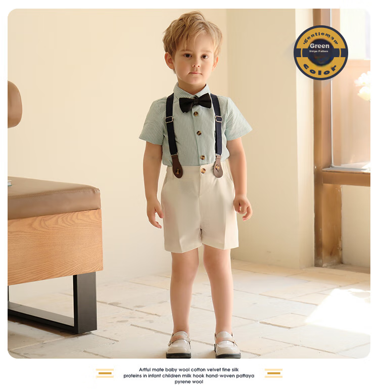 LUOBOBEIBEI Boys' Formal Wear Spring And Summer British Striped Suspender Shorts Shirt Set, Green Long-Sleeve Four-Piece Set, Size 130 10