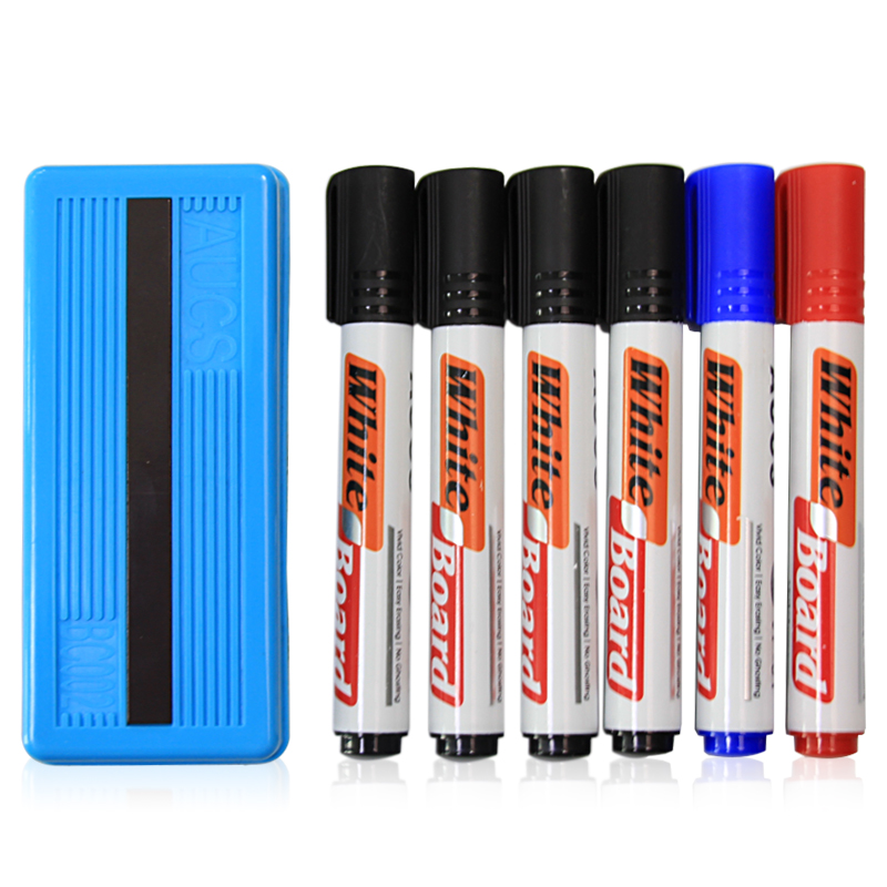 AUCS Whiteboard Eraser, Chalkboard Eraser, Writing Board Eraser, Glass Erasable Pen, Eraser Set, Office Supplies, Whiteboard Accessories, Chalk Eraser ×1, Colored Water-Based Whiteboard Markers ×6