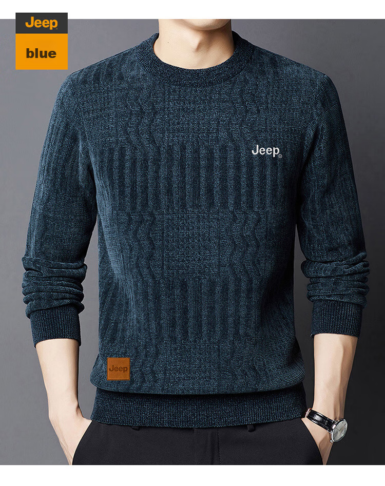 JEEP Men's Sweater, Autumn And Winter Fleece-Lined Thick Warm Knit Pullover, Round Neck Menswear, Black Fleece-Lined, 4XL 21
