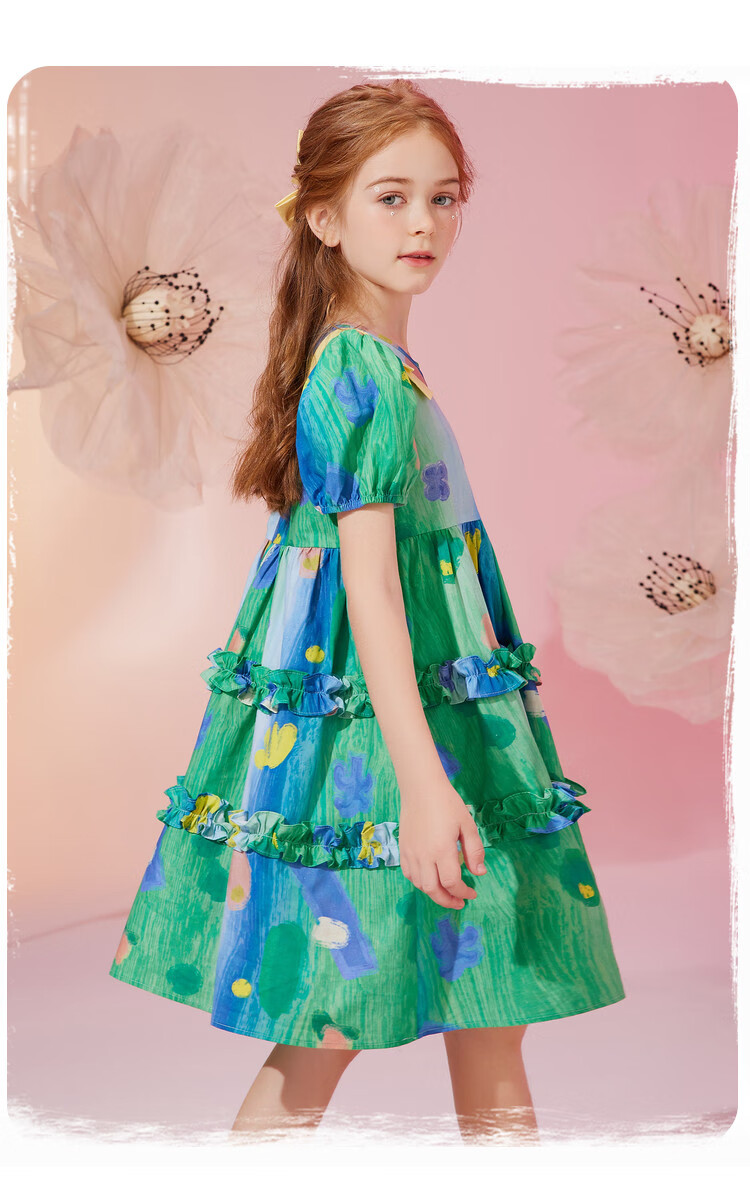 ASK JUNIOR Pure Cotton Girls' Dress, Summer Thin Style, Children's Tie-Dye All-Over Print Indian Princess Dress, Size 160 1