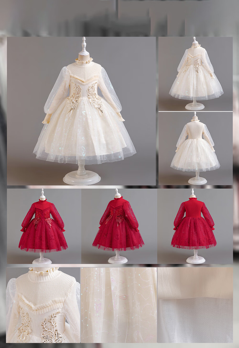 LUOBOBEIBEI Girls' Princess Dress, Spring And Autumn Style, Evening Gown, Birthday Party Dress, Piano Performance Dress, New Year's Outfit, Beige, Size 150 1