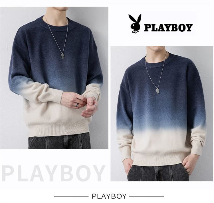 PLAYBOY Men's Crew Neck Sweater Autumn Winter Knitwear Jacket Blue and White 3XL 7