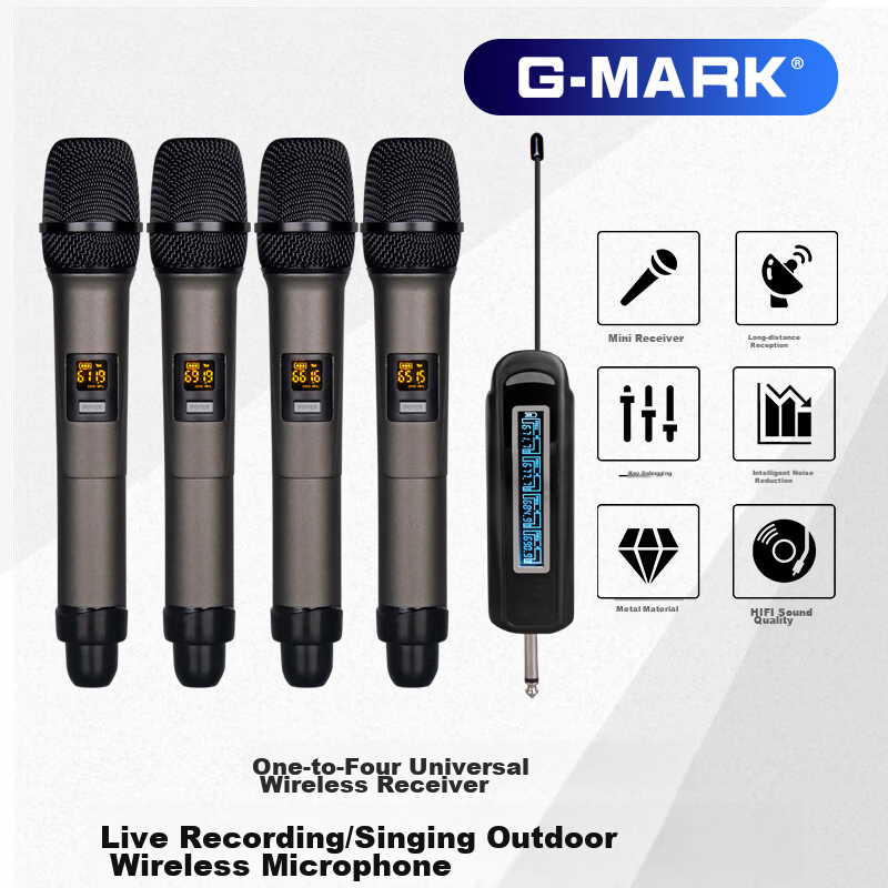 G-MARK X440 Wireless Microphone System with One Transmitter And Four Receivers, Metal UHF Adjustable Frequency Microphones for Outdoor Karaoke And Meetings