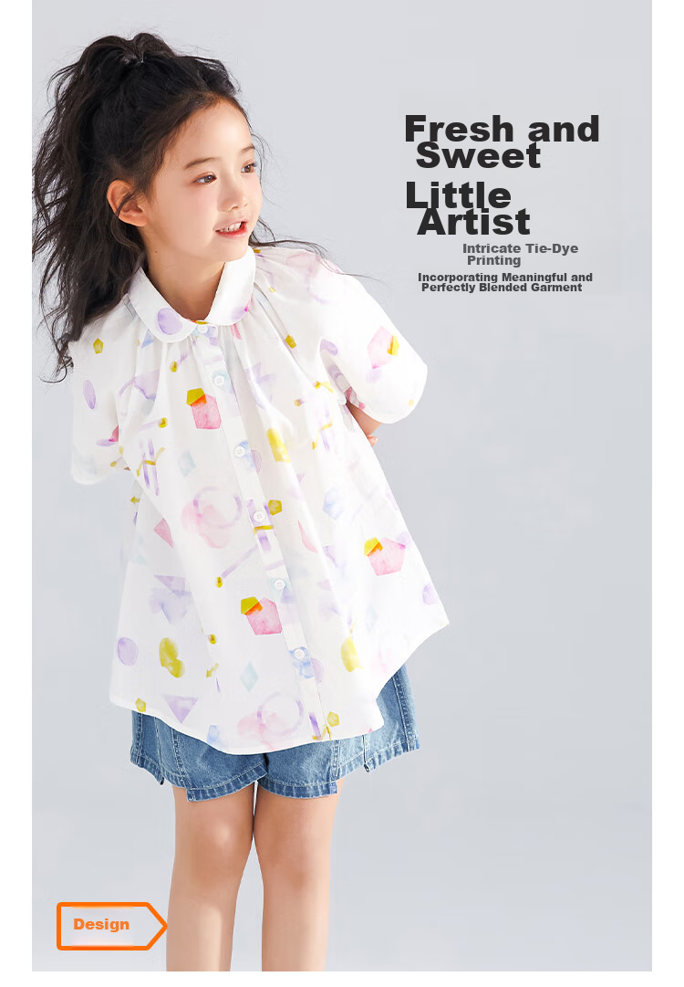 QQ DUCK Girls' Shirt Summer Children's Cute Lapel Short-Sleeve Youth Clothing Graffiti White; 140 4