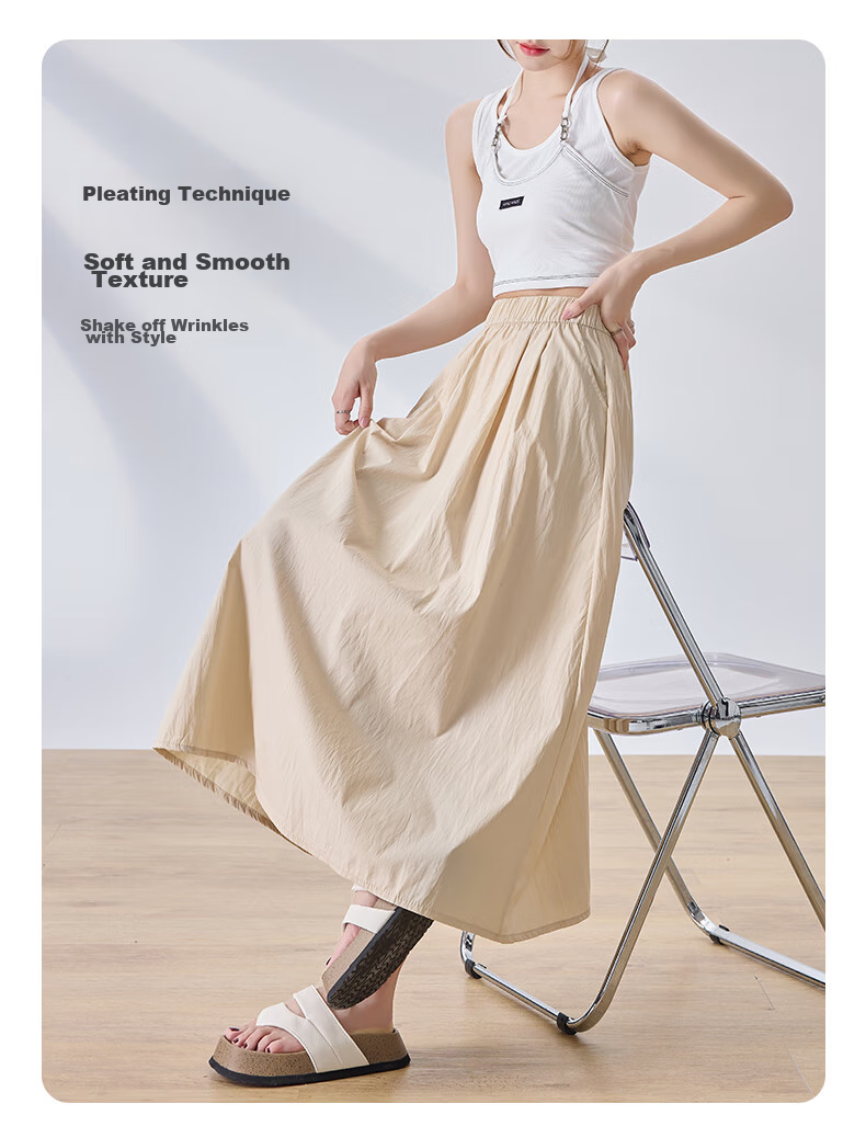 LangSha Women's Midi Skirt, High-Waisted A-Line Summer Dress, Loose Comfortable Breathable Textured Versatile Skirt 8