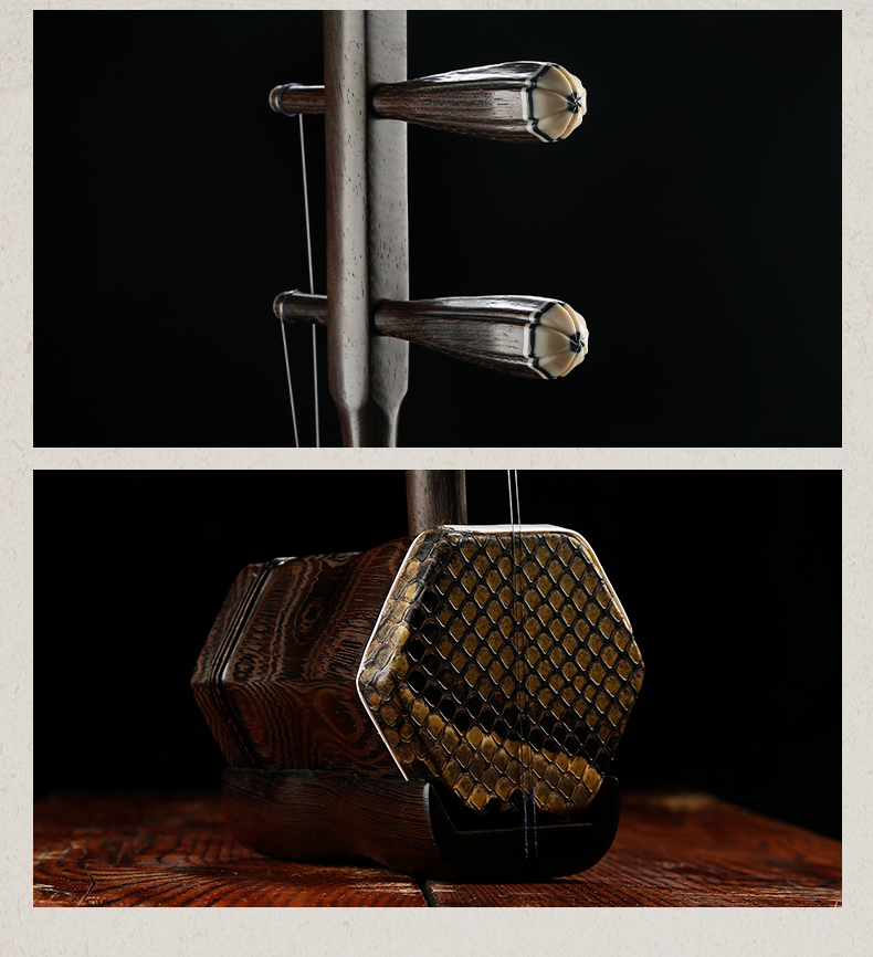 Xiangsiniao Black Acid Branch Erhu for Beginners' Practice, Handmade Python Skin Hexagonal Erhu, Ethnic Instrument with Rosin, Portable Hard Case 10