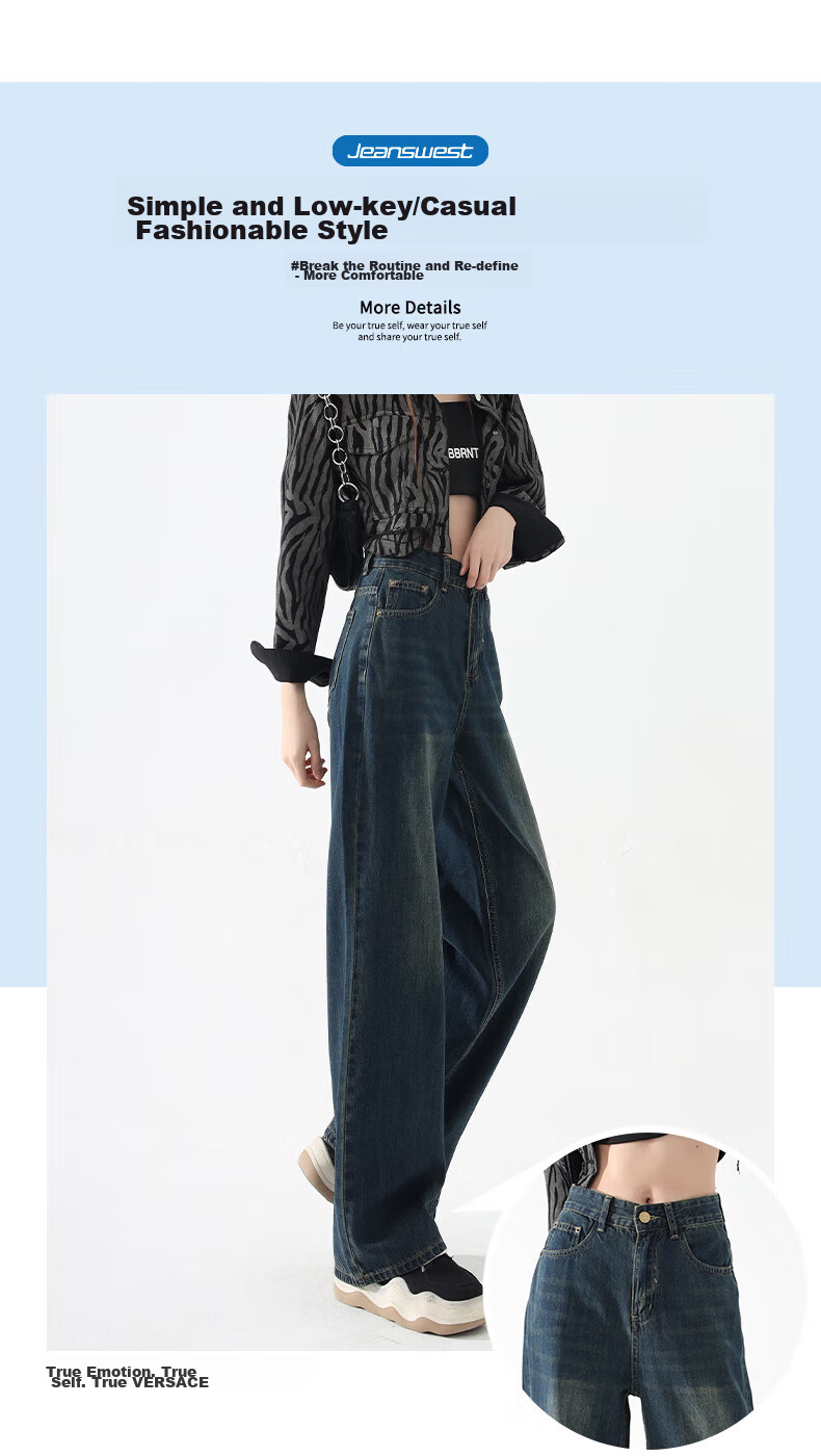 Jeanswest Women's Jeans, Summer Vintage Style, Loose Wide-Leg Straight High-Waist Draping Floor-Length Pants, Nostalgic Blue, Size M 2