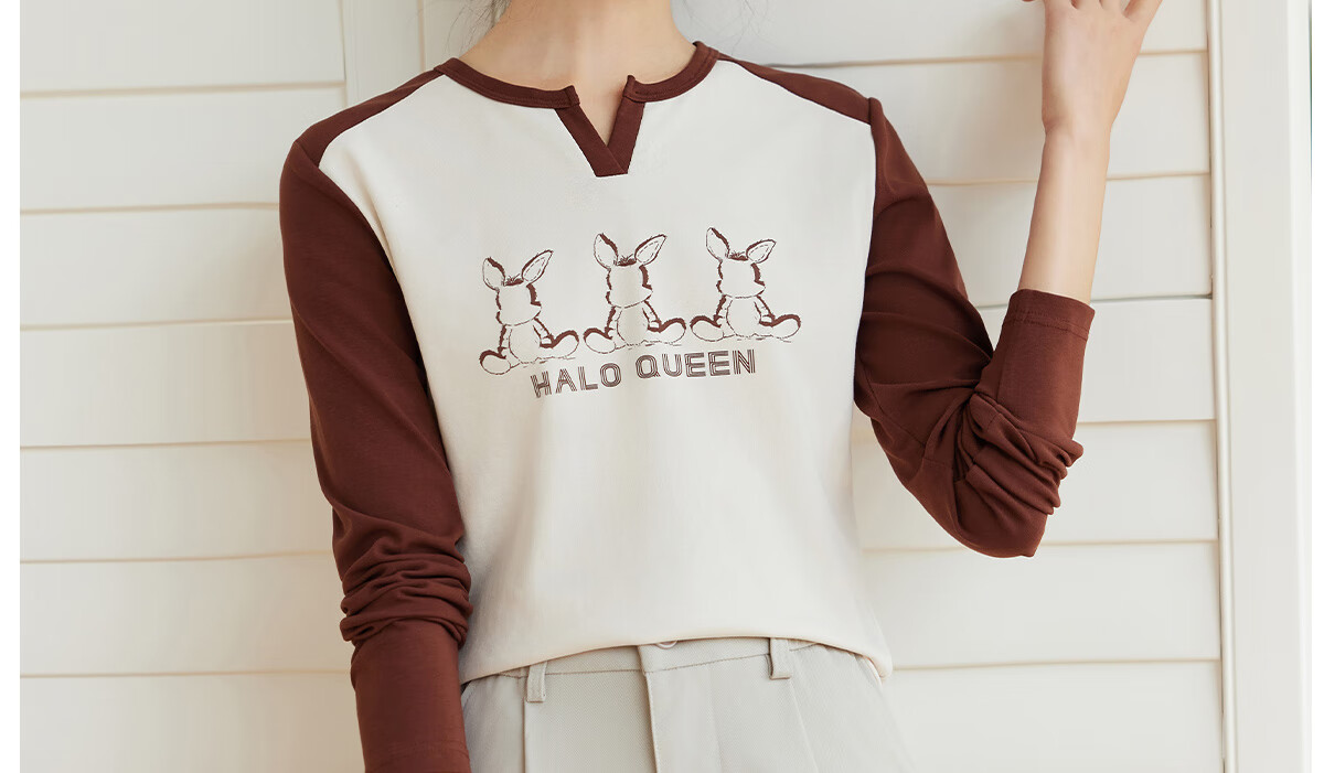 Halo Queen Long-Sleeve T-Shirt for Women, Wilderness Maillard Style Spring And Autumn Raglan Sleeve Rabbit Base Shirt Casual New Product H143T2017 43