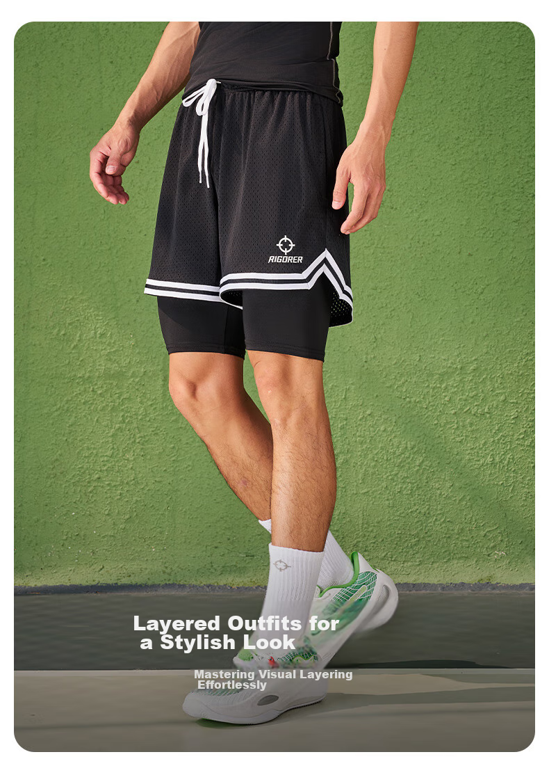 RIGORER Competitive Knitted Knee-Length Shorts for Men And Women, Basketball Shorts, Layered Sports Running Breathable Shorts 4