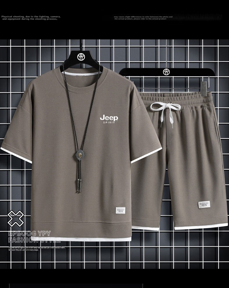 JEEP SPIRIT Summer Short-Sleeve T-Shirt for Men, Shorts Running Sports Set Casual Two-Piece Outfit, Gray, 3XL 7