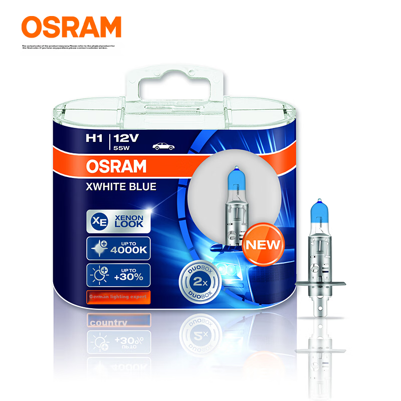 OSRAM Automotive Bulb, Headlight, High Beam, Low Beam, Halogen Lamp, Bright White Blue H1 [4000K], 12V 55W