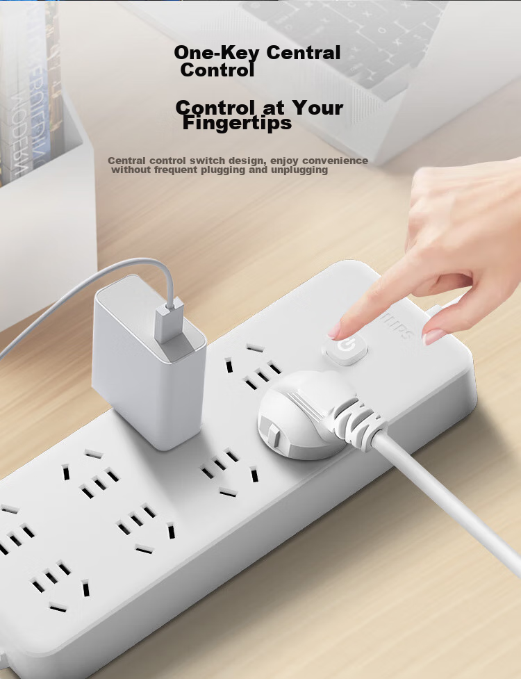 PHILIPS New National Standard Power Strip with 6 Outlets And Combination Holes, Overload Protection, Master Switch, 2.8m Extension Cord for Children's Safety, Dormitory Power Strip/Extension Cord/Power Board 10