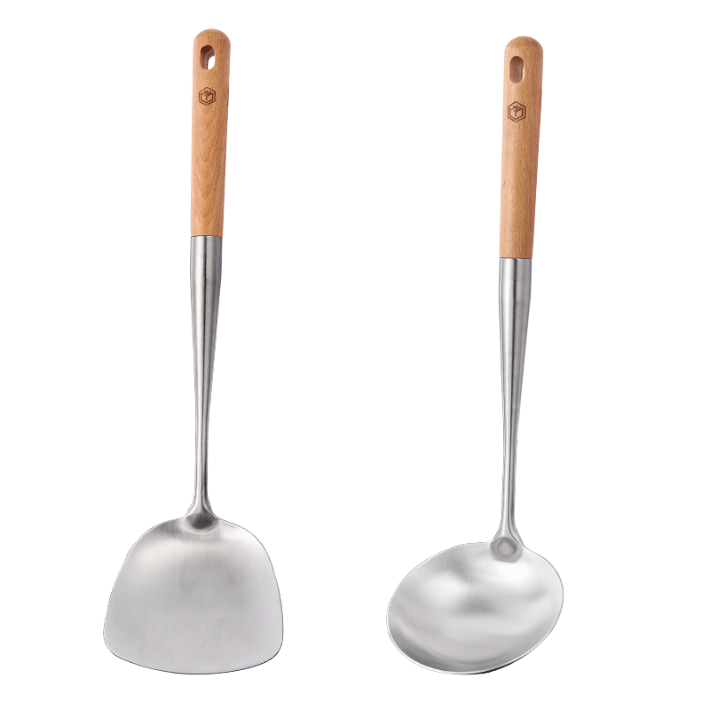 JD Original Spatula And Ladle Set, 316L Stainless Steel with Beech Wood Handle, Heat-Resistant [Large And Extended]