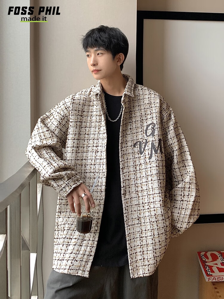 Foss Phil Men's Jacket, Spring And Autumn Fashion Brand Chanel-Style Coat, Plaid Lapel, Korean Version Loose Outerwear, FPJK10 Black M 20