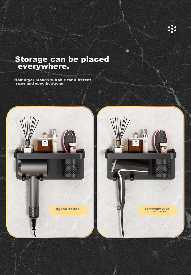 MUYA Hair Dryer Holder, No Drilling Required, Bathroom Aluminum Alloy Bracket with Hooks, for Dyson And Other Electric Hair Dryers 8