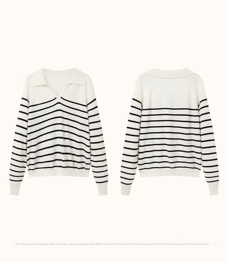 Dme Wool V-Neck Striped Sweater, Elegant And Relaxed Women's Wool Sweater, Black, L 8