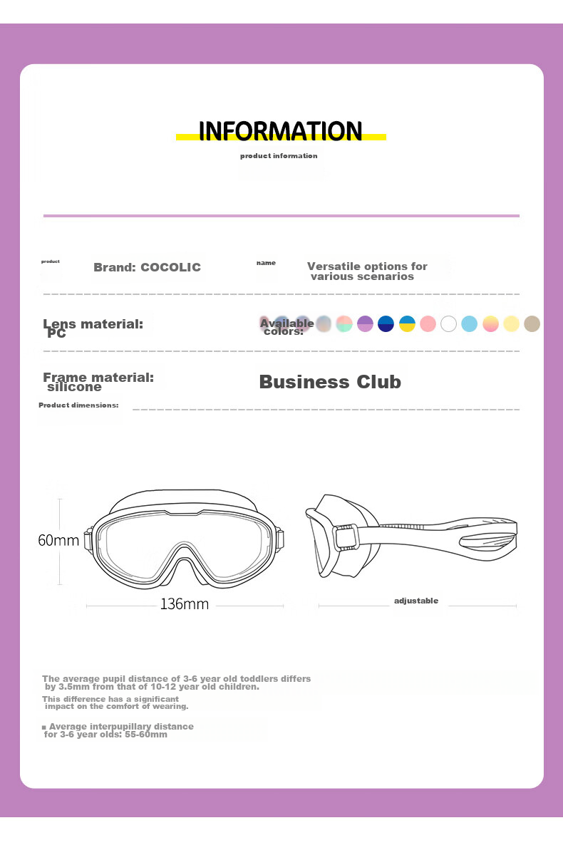 COCOLIC Children's Large Frame Swimming Goggles, Waterproof Anti-Fog HD Diving Equipment for Ages 3-12 CO-9100 PINK 15