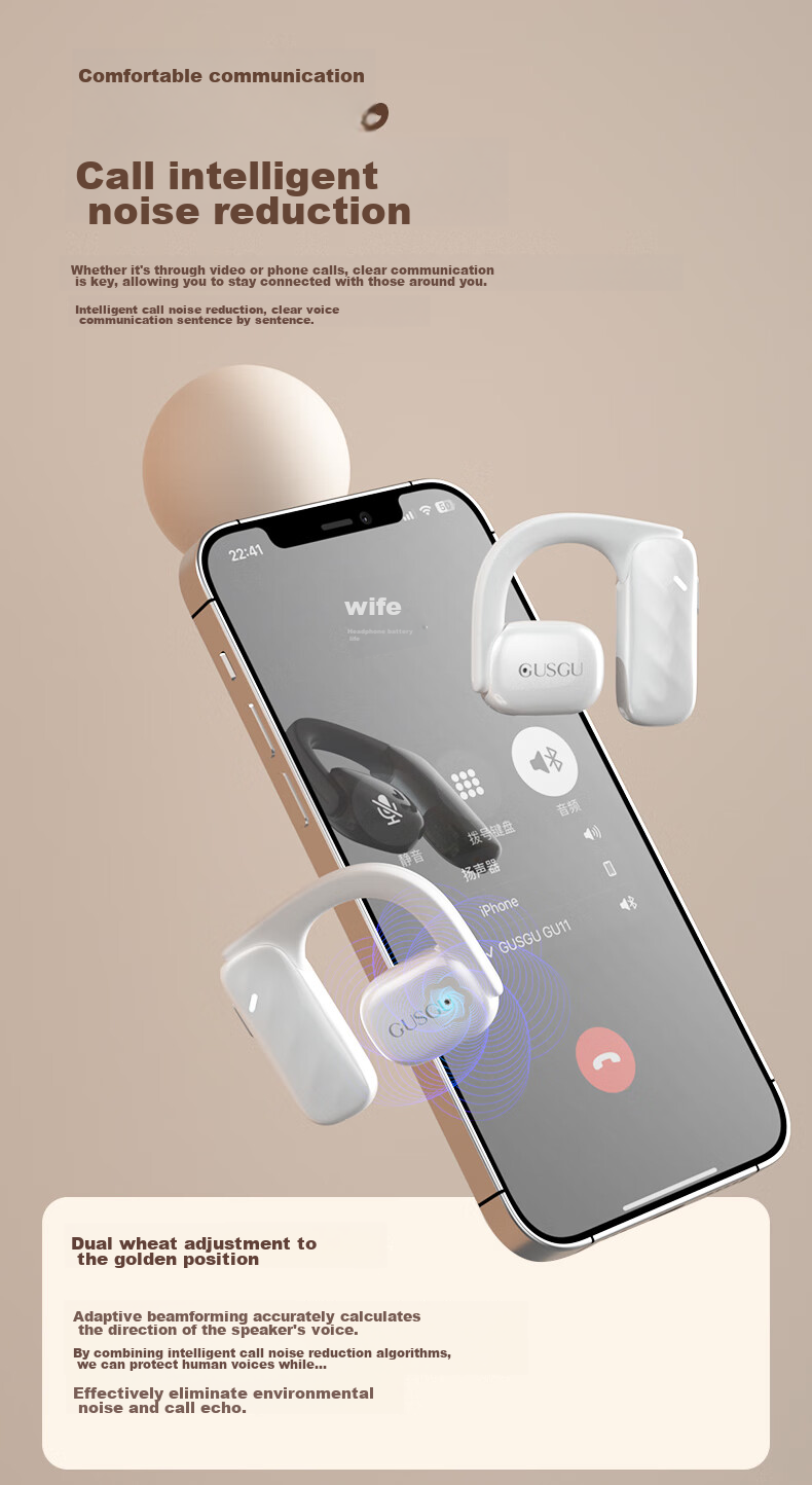 GUSGU Open True Wireless Bluetooth Earphones, Ear-Hook Style Non-In Music Sports Bone Conduction Concept Earphones, Compatible with Apple Huawei Xiaomi Phones, Black GU11 10