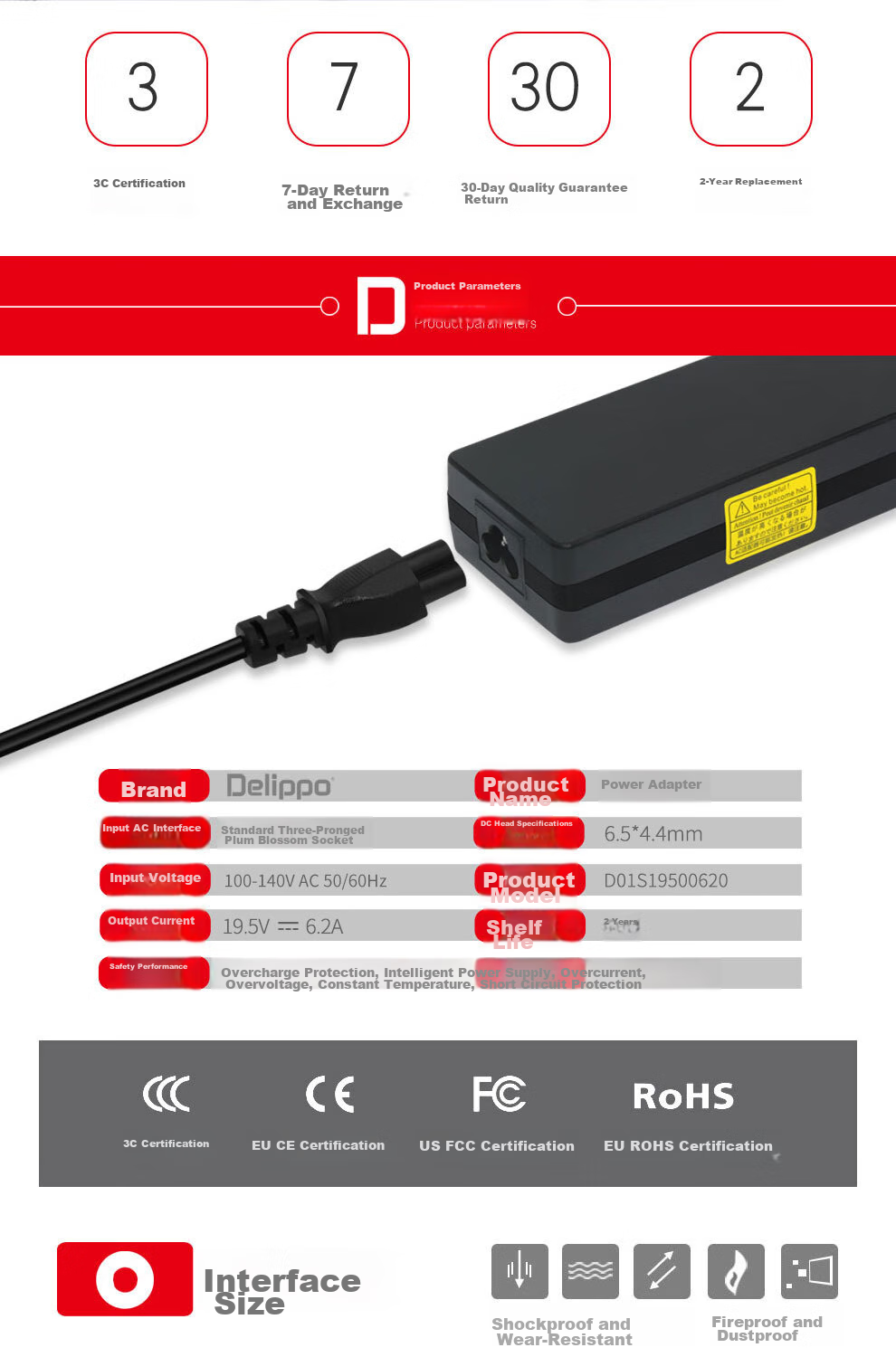 Delippo Power Cable for Xiaomi Redmi Monitor 12V 3A 2.5A Round Plug Desktop LCD Screen Charger RMMNT27NQS 2