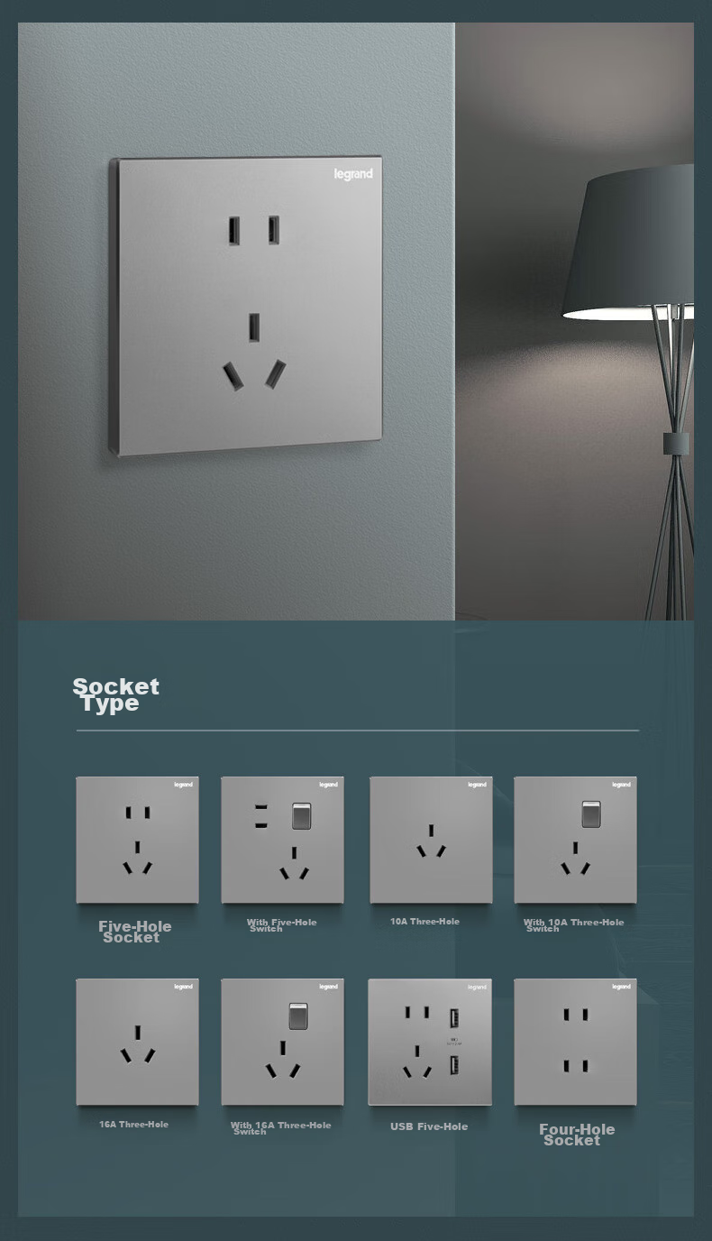 LEGRAND Switch Socket Panel, Yijing Series Deep Sand Silver Gray, Wall Socket, Five-Hole with Switch (Dual Control) 9