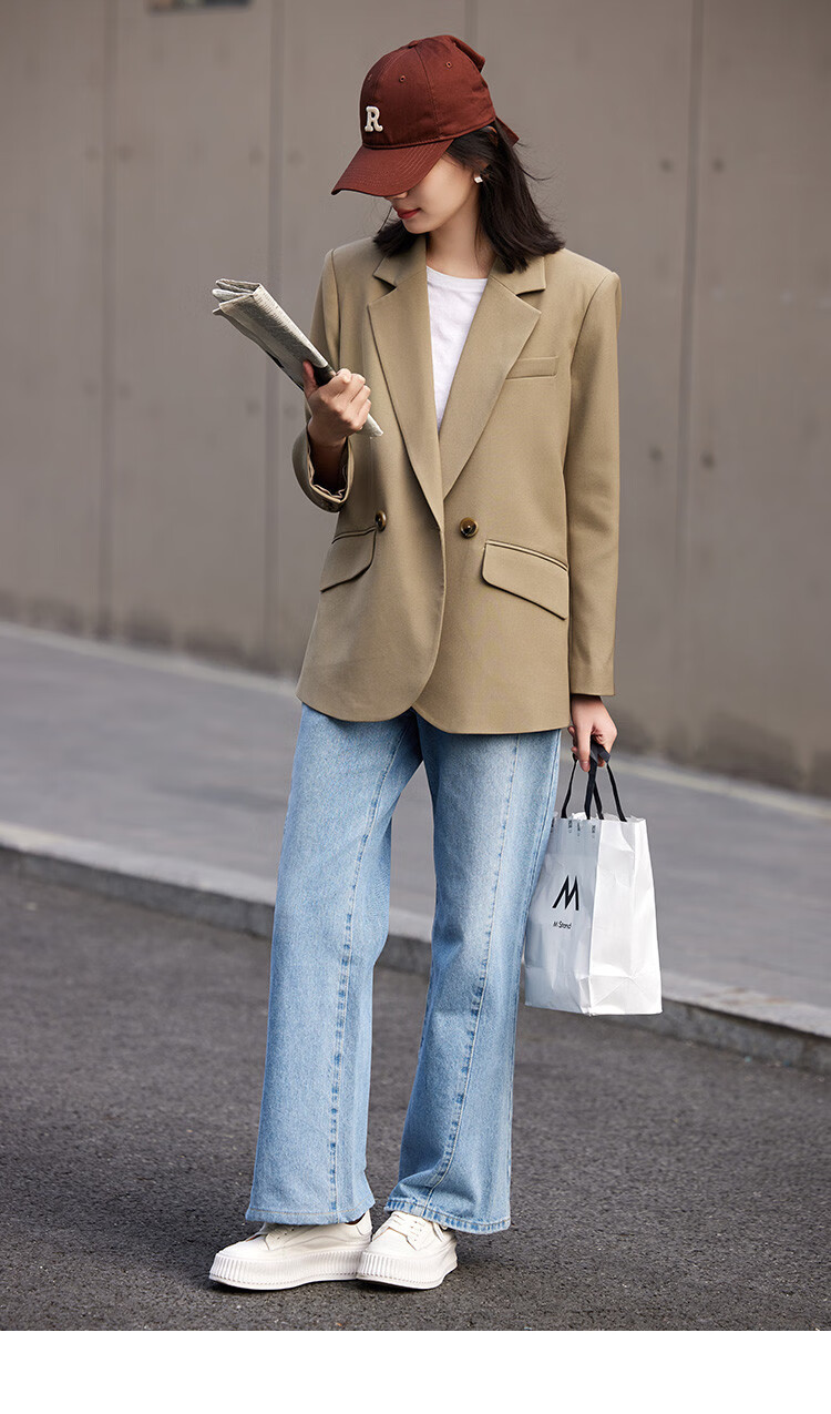 Dme [Turn-Down Collar Blazer] Spring Top, Curved Hem, Loose Suit Jacket for Women, Khaki, Size S 14
