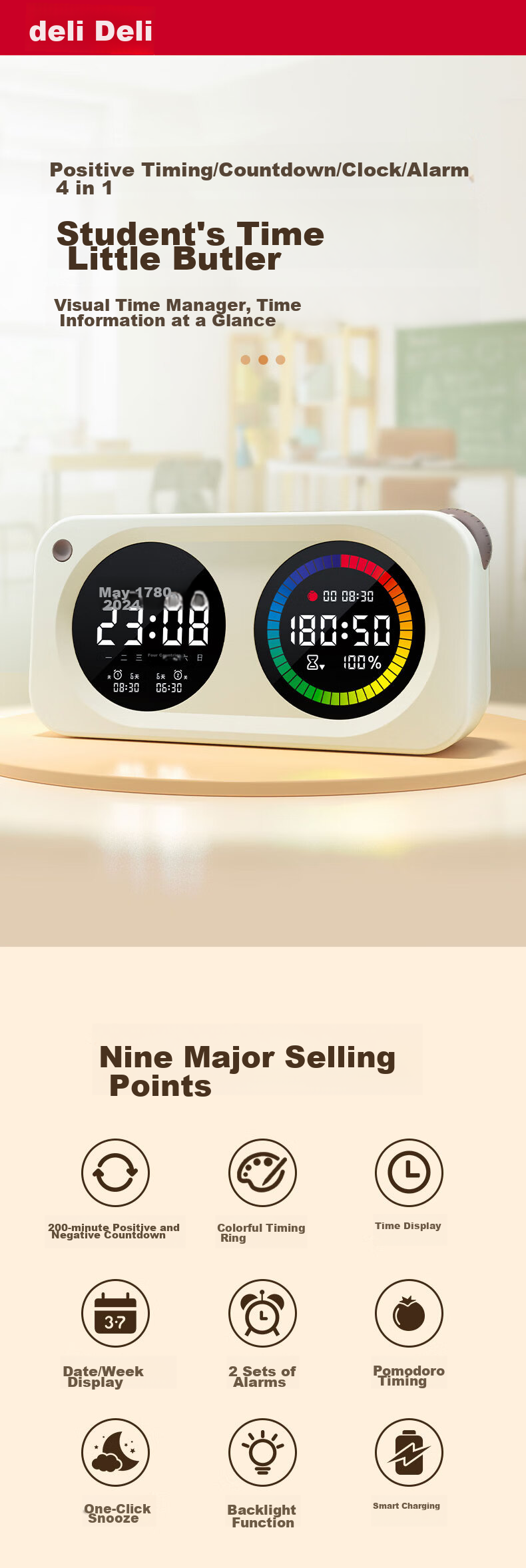 Deli Visual Smart Alarm Clock Timer, Student-Specific Wake-Up Device with Backlight Bedside Clock And Thermometer, Essential for Back-To And Graduation Seasons, LE107 White Gift 31