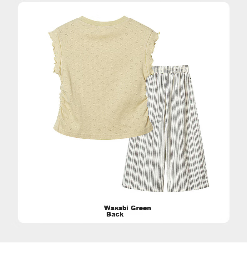 Follow Me Girls' Summer Outfit Set, Pastoral Style Laceless Sleeveless T-Shirt with Striped Casual Pants Two-Piece Set, Mustard Green, Size 130 7