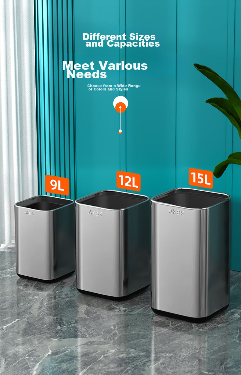 AKBK Stainless Steel Trash Can 15L Silver Large Square Bin for Living Room, Kitchen, Bathroom, Luxury Hotel, Office 1