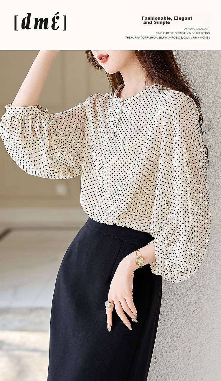 Dme [Shanmawei Yun] Spring And Autumn French Vintage Polka Dot Shirt, Comfortable Double Pleated Concealing Lantern Sleeve Blouse, Women's Clothing 1