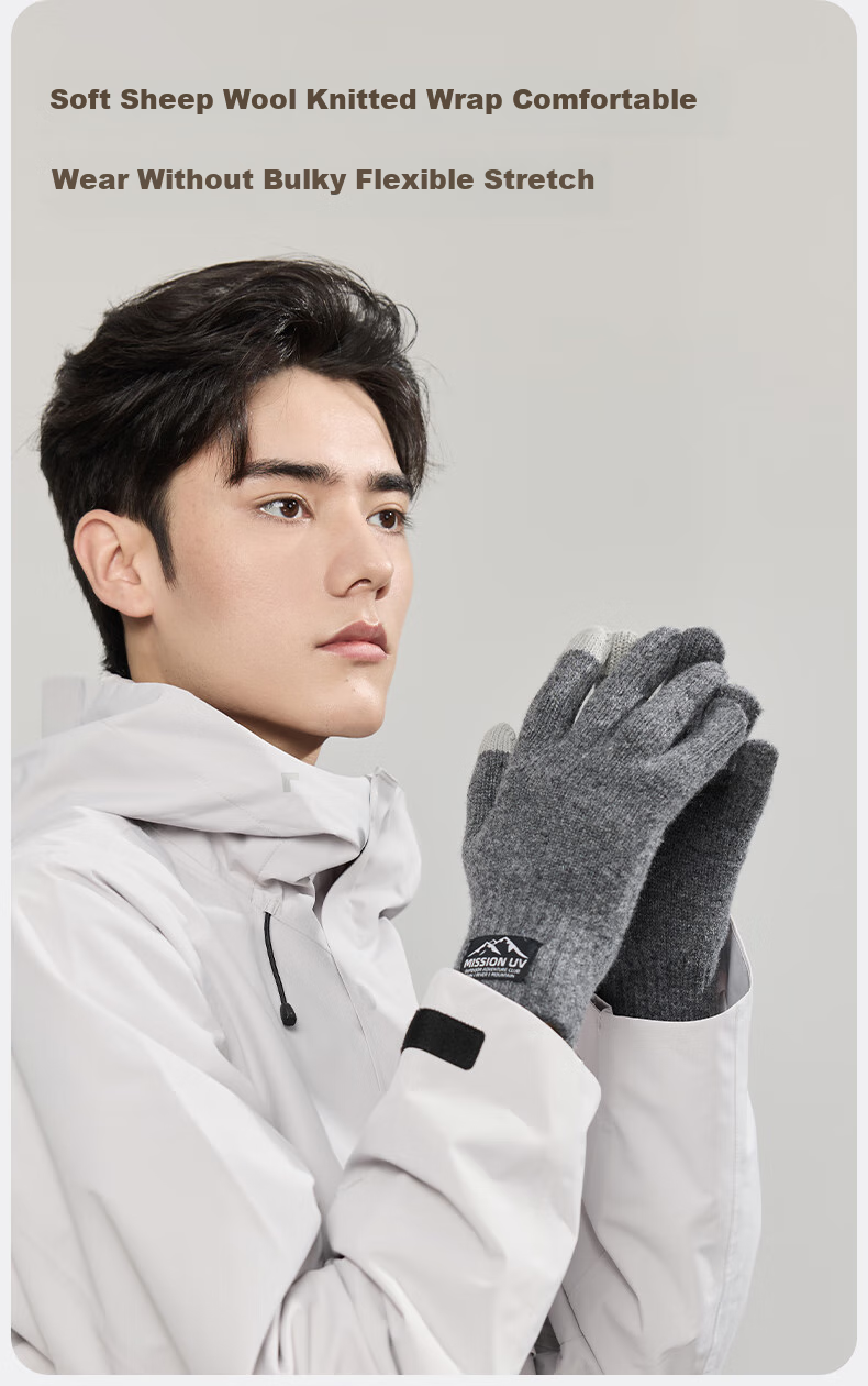 MISSION UV Sheepskin Warm Gloves for Men, Thick Winter And Autumn Outdoor Cycling Driving Anti-Cold Touchscreen Compatible Knitted Gloves 6