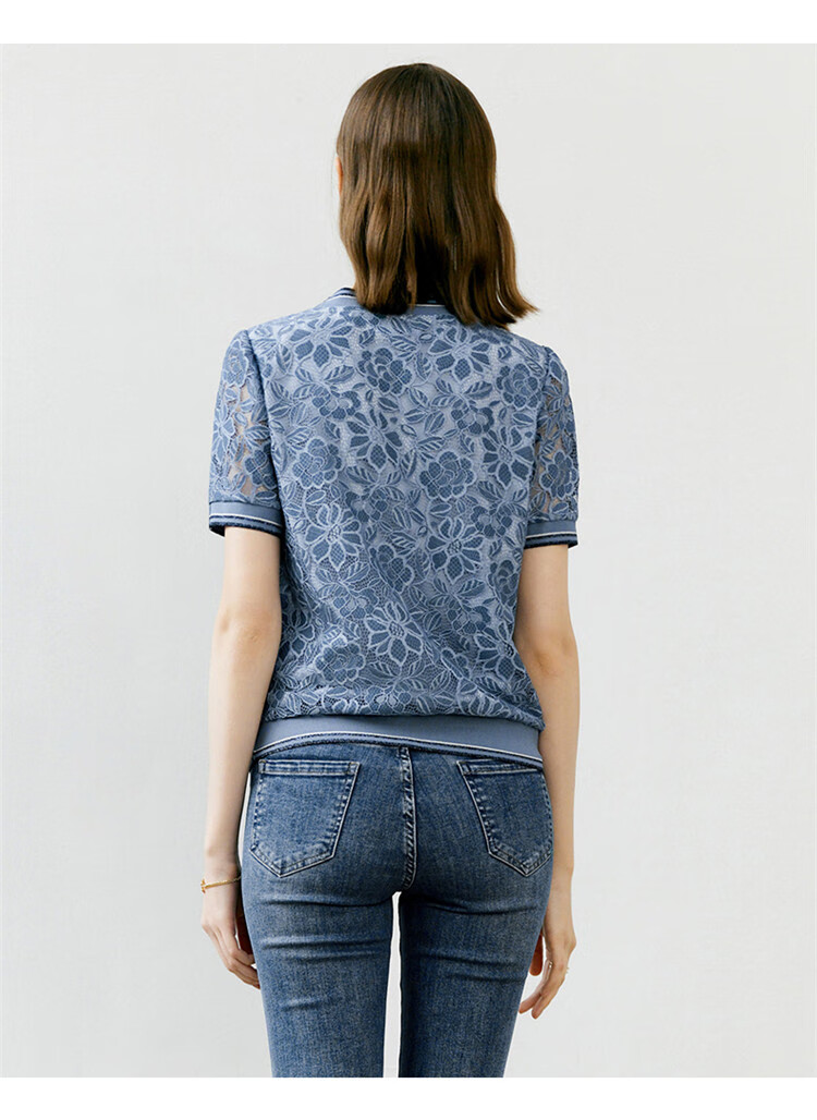 YANYEE Crochet Hollow Lace Top Women 2023 Summer Light Mature Style Short Loose T-Shirt Blue S/36 7