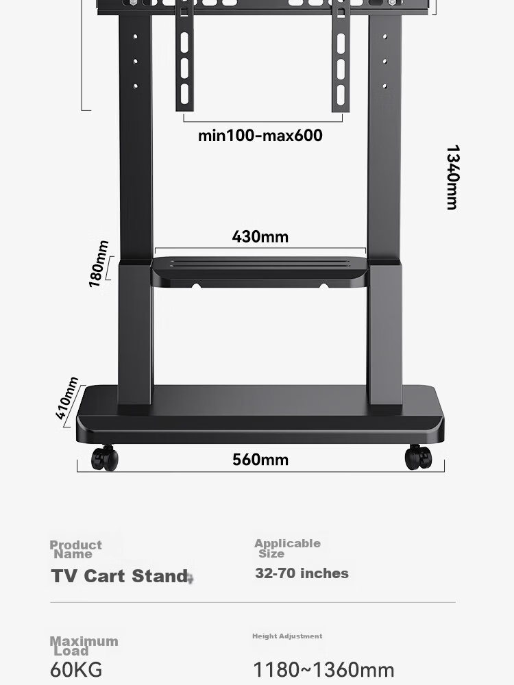 Junao TV Mobile Stand for 32-70 Inch TVs, Floor-Standing Mobile TV Cart, Universal TV Mount for Video Conferencing All-In Display And TV 22