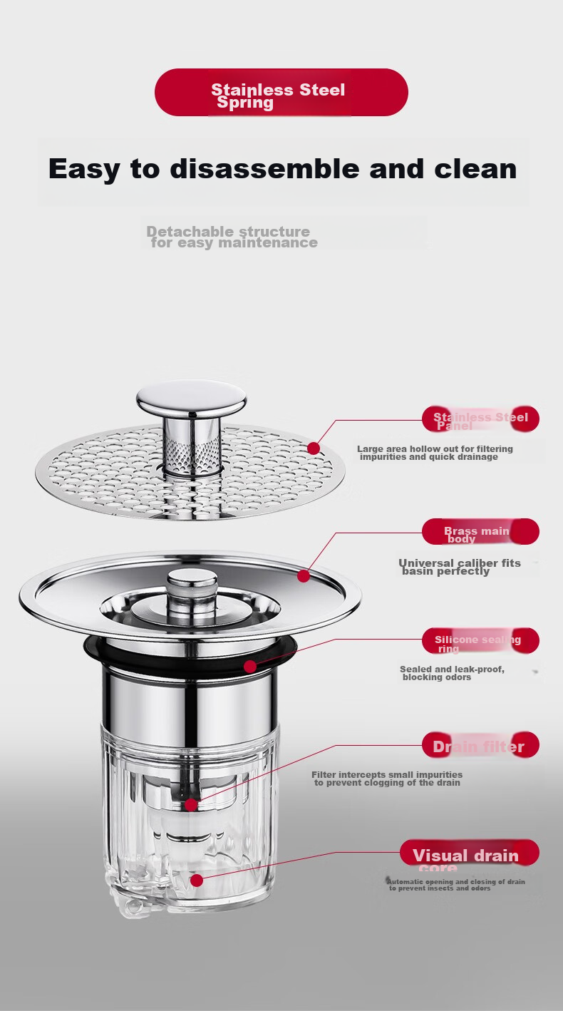 Pollock Sink Drain Stopper, Washbasin Pop-Up Core, Brass Sink Anti-Odor Device, Filter Screen MPXGL 10