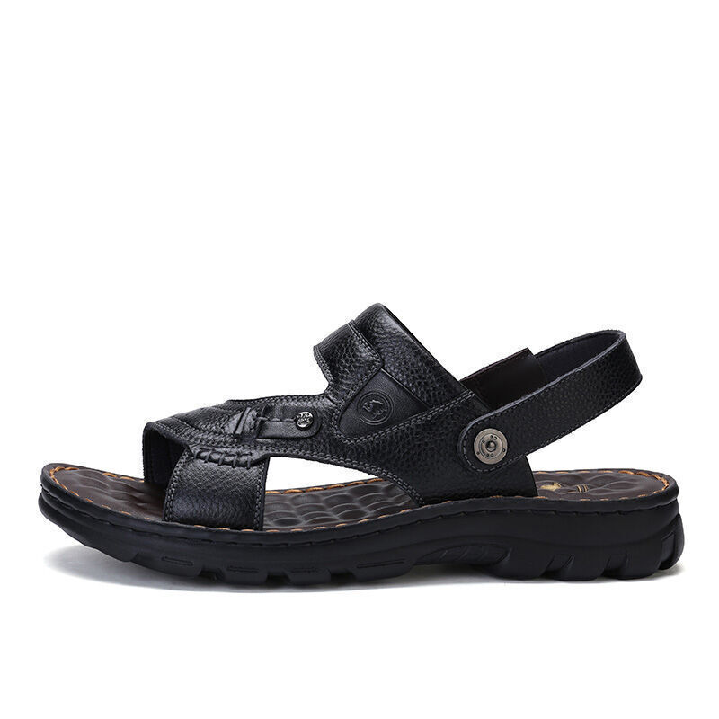 CAMEL Brand Men's Casual Slippers, Genuine Leather Sandals, Cowhide Breathable Wear-Resistant Beach Shoes W822287612, Black, Size 38