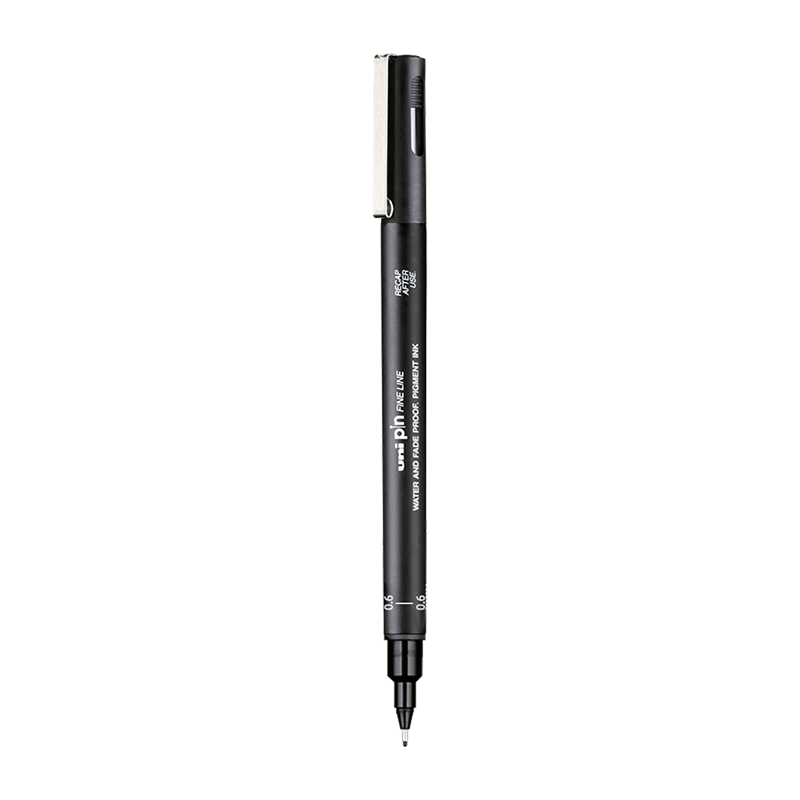 Uni Mitsubishi 0.6mm Water-Based Drawing Needle Pen, PIN-200 Art Design Outlining Pen, Black Barrel with Black Ink, Single Pe