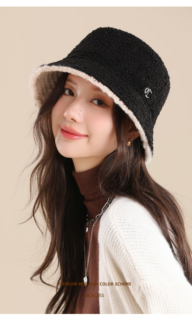 CACUSS Women's Winter Warm Fisherman Hat, Large Head Circumference, Face-Slimming Bucket Hat, Retro Plaid Teddy Fleece Hat, Coffee Color 13