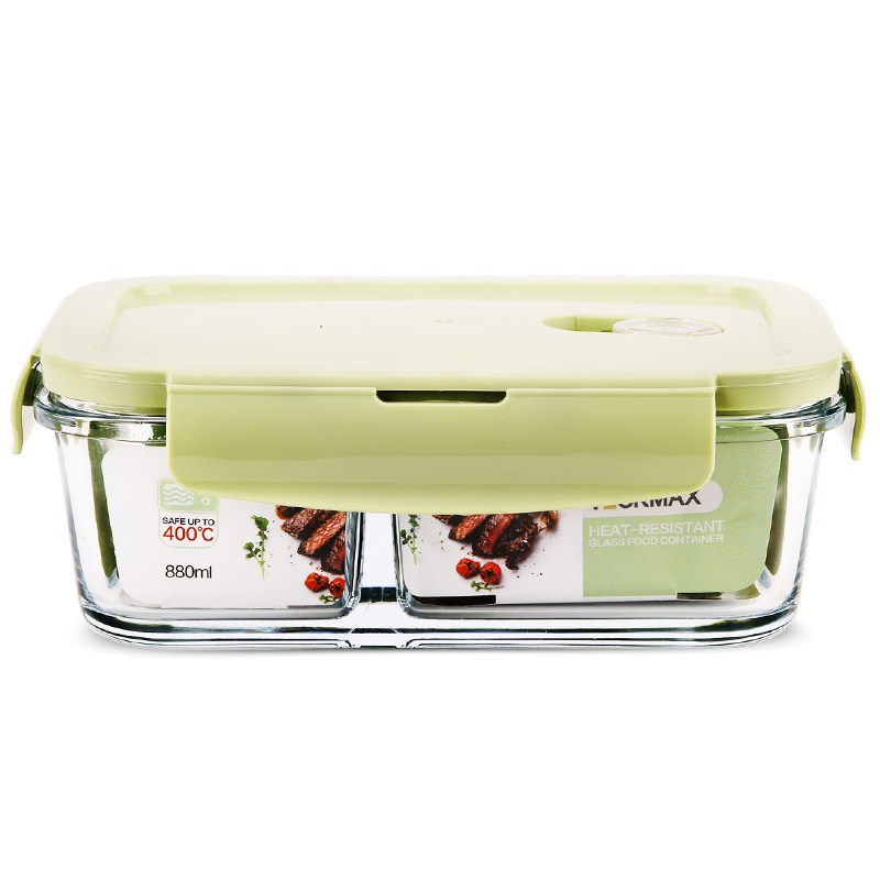 Demasi Heat-Resistant Glass Food Storage Container, Microwave-Safe Lunch Box, Refrigerator Organizer for Office Workers, Bento Bowl, Nordic Green Divided 880ml