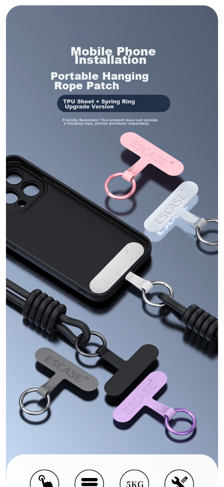 ESCASE Phone Lanyard Clip, Fixed Card Holder, Phone Case Clip, TPU Patch, Chain Connector Pad, Hanging Ring, Anti-Loss Device, PT-M03Pro Pink 1