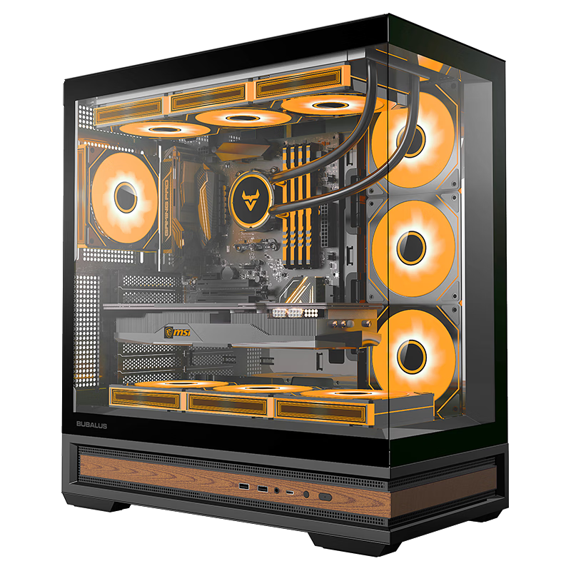BUBALUS Senyu, Wood Grain Black, Back-Insert Gaming Desktop Computer Case, 360mm Water Cooling Radiator Hamburger, Type-C, 270° Panoramic View, ATX, Tool-Free Quick Disassembly
