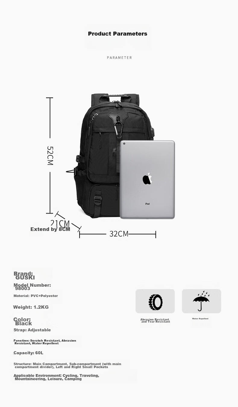 GUSKI Backpack, Hiking Rucksack for Men, Water-Resistant, Breathable, Outdoor Cycling, Trekking, Travel, Large Capacity Schoolbag, Self-Operated 14