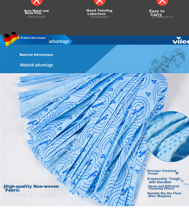 Vileda Non-Woven Blue Mop Replacement Heads, 2-Pack, Traditional Mop Heads, Absorbent And Dirt-Cleaning, German Century-Old Cleaning Brand 3