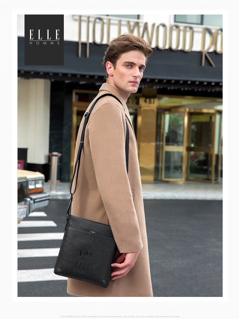 ELLE HOMME Business Men's Shoulder Bag, Top-Grain Leather Fashion Crossbody Bag, Large Capacity Vertical Men's Bag 01941 Black Birthday Gift for Boyfriend 3