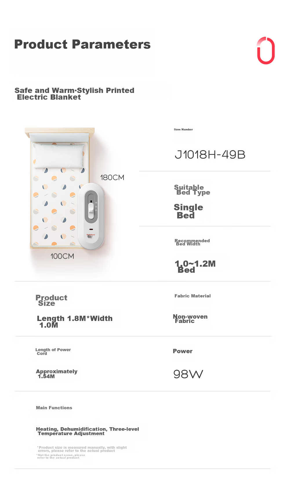 RAINBOW [High Temperature Power-Off] Single-Person Small Dormitory Non-Woven Electric Heating Blanket Mattress Pad 1.8*1.0 Meters 19