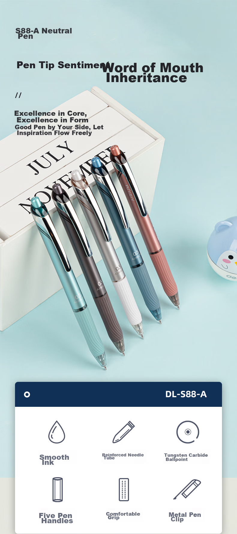 Deli [Drop-Resistant Little Warrior] Quick-Drying Metal Pen Clip Retractable Gel Pen, Student Office Pen, 0.5mm ST Reinforced Needle Tip, 12 Pens/box, Black S88-A 1