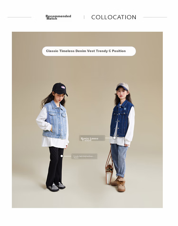 QQ DUCK Children's Denim Vest, Girls' Sleeveless Jacket, Youth Clothing, Classic Vest in Light Blue; Size 130 5