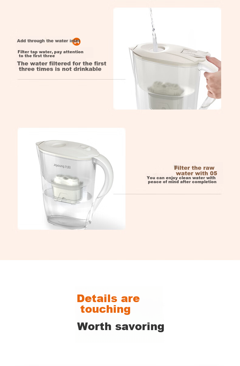 Joyoung Home Water Filter Pitcher Ocean Series 1 Pitcher 1 Cartridge Almond White 3.2L Water Purifier Pitcher RB102 8