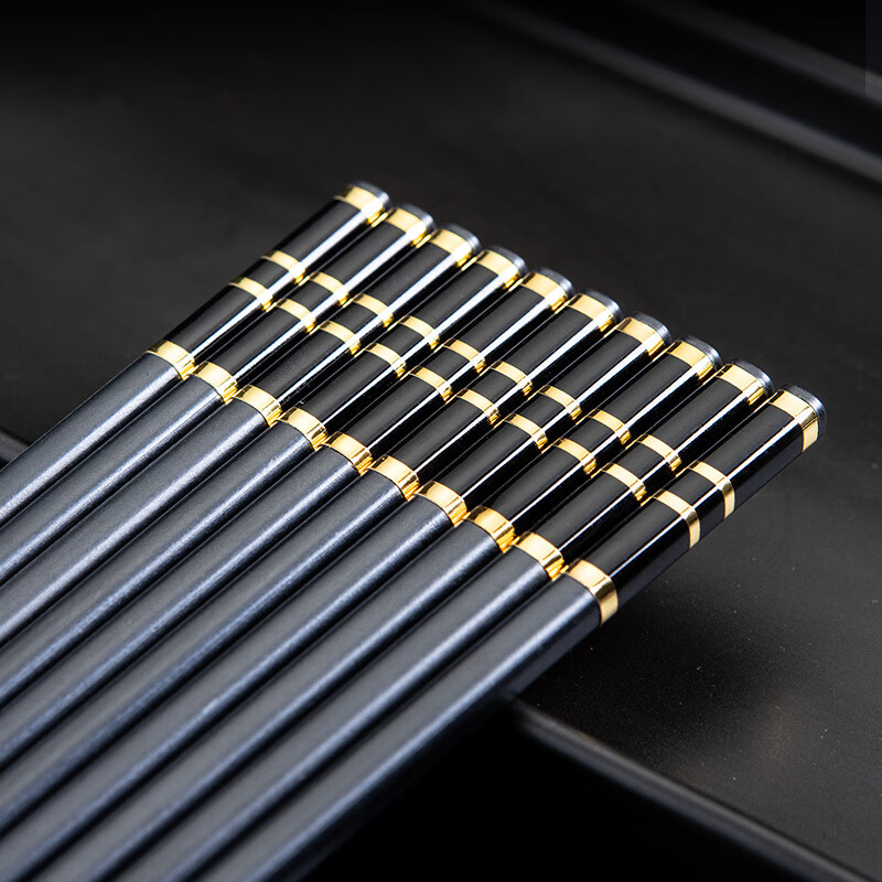 Shihua Alloy Chopsticks, Stainless And Mold-Resistant Alloy Chopsticks, 10 Pairs, High-Quality Chopsticks for Home And Hotel Use, Black Base with Gold Rings Desig