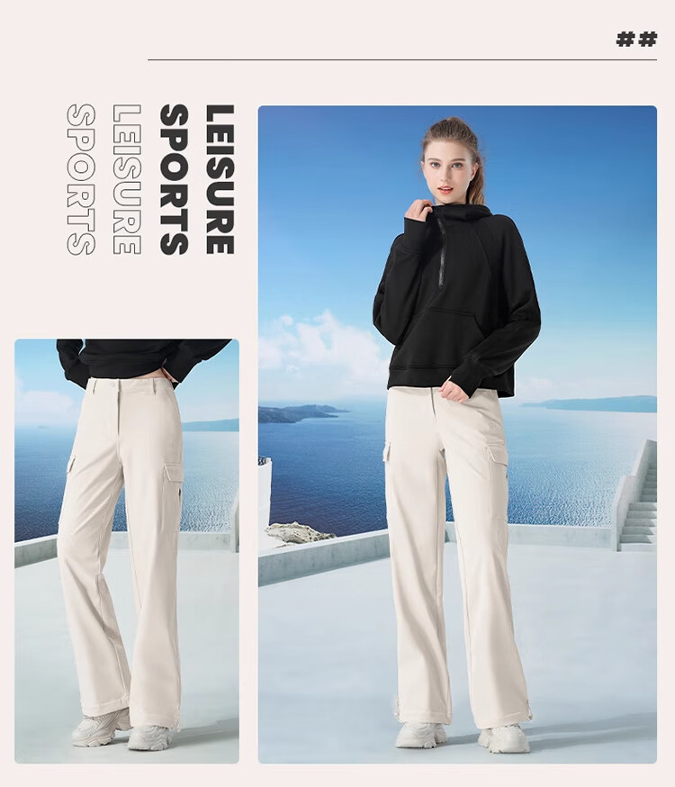 CAMEL Women's Cargo Pants, Unisex Style, Autumn Waterproof Casual Pants, Slimming Straight-Leg Sweatpants, Fleece-Lined Fashionable Woven Pants, Size L 20